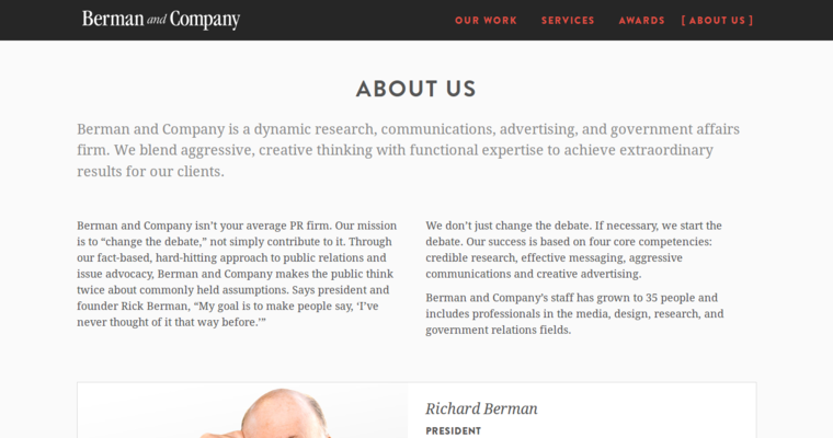 About page of #7 Leading DC PR Agency: Berman & Co